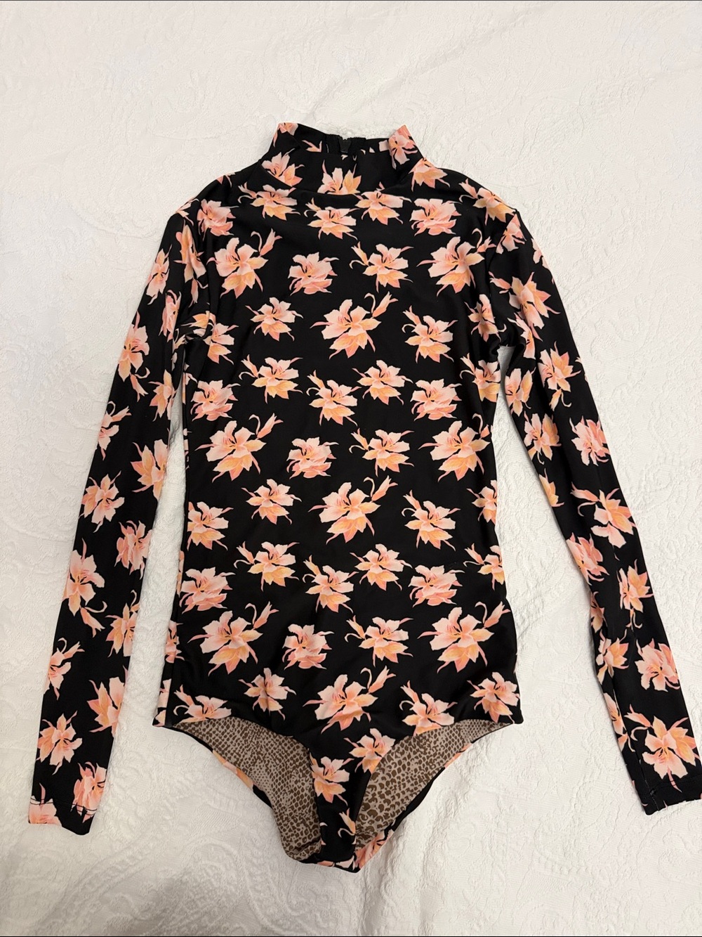 acacia swimwear Black long sleeve suit with Peach Floral Print